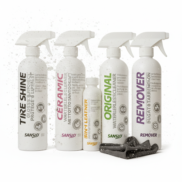 Sanszo Car Care Kit – 5pc Bundle | Ceramic Spray, Tire Shine, Leather Cleaner, Bug & Tar Remover, Waterless Cleaner